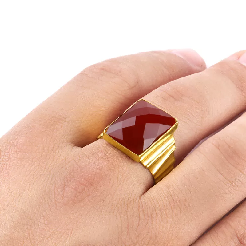 10k Yellow Solid Gold Men's Ring with Natural Red Agate Stone