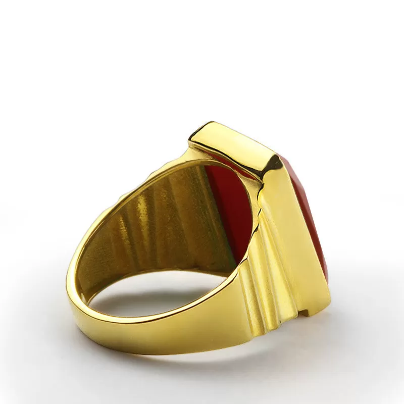 10k Yellow Solid Gold Men's Ring with Natural Red Agate Stone