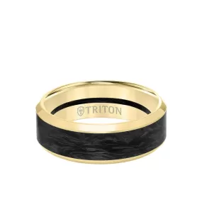 14K YELLOW GOLD 7MM WEDDING BAND WITH CARBON FIBER INLAY AND BEVELED EDGE