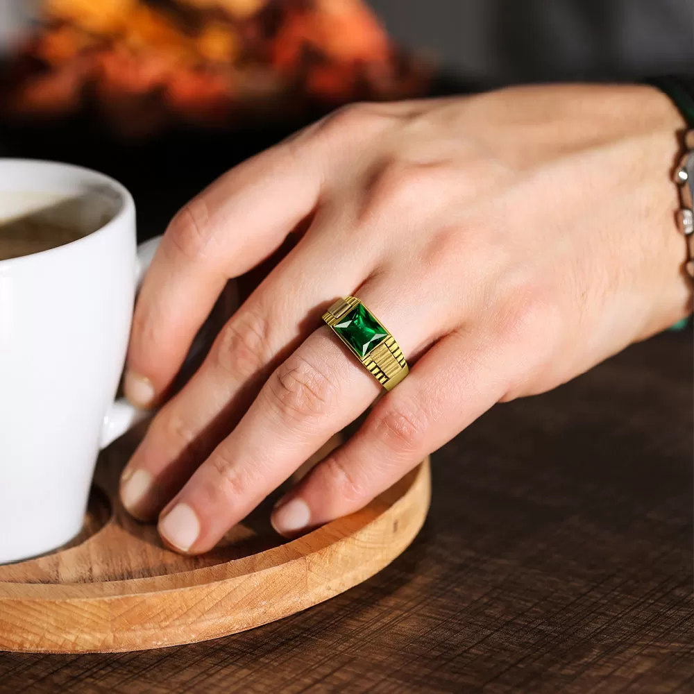 18K Yellow Gold Plated Mens Heavy Silver Ring with Green Emerald Gemstone