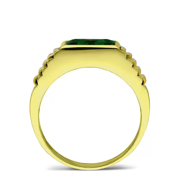 18K Yellow Gold Plated Mens Heavy Silver Ring with Green Emerald Gemstone