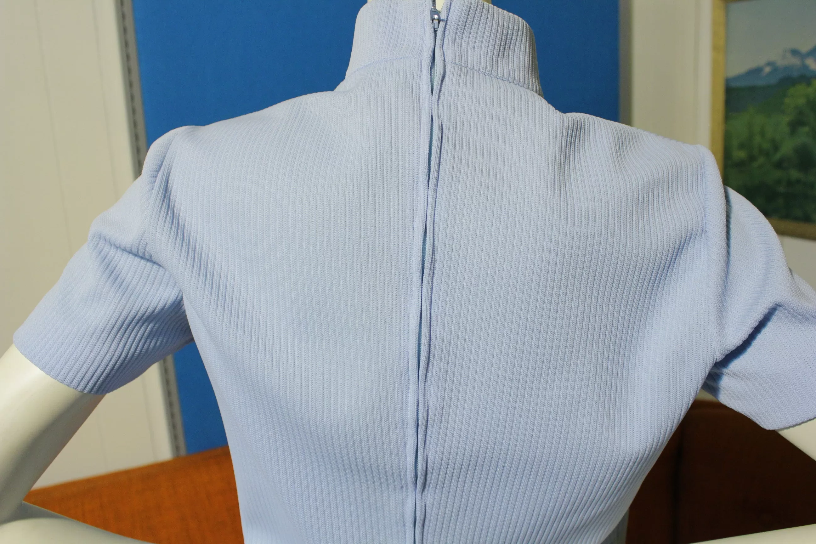 1960's Turtleneck Zip Up  Pin Striped Short Sleeve Knit Shirt. Blue Women's Small