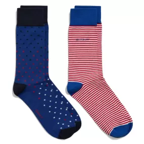 2 Pack Stripe & Dot Socks - College Blue/Red