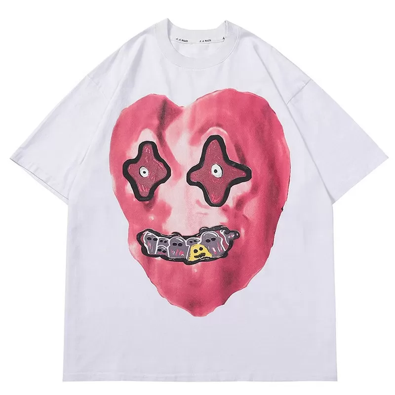 2023 Men Hip Hop Washed Streetwear Funny Heart Monster