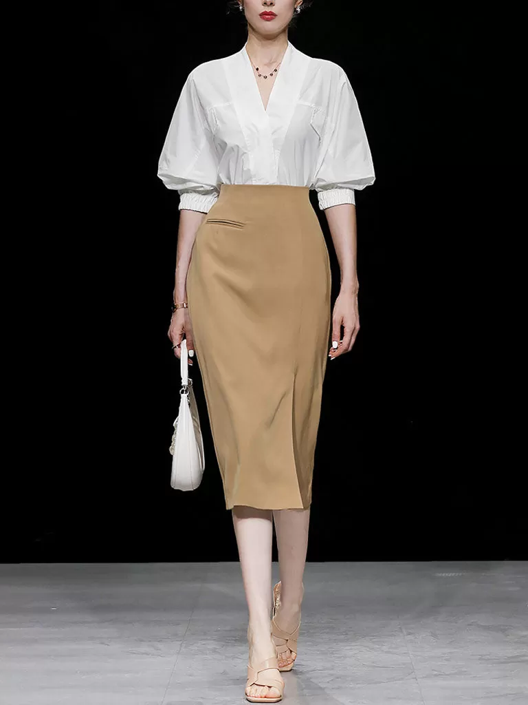 2PS V Neck White Shirt And Khaki Split Sexy Bodycon Skirt Suit