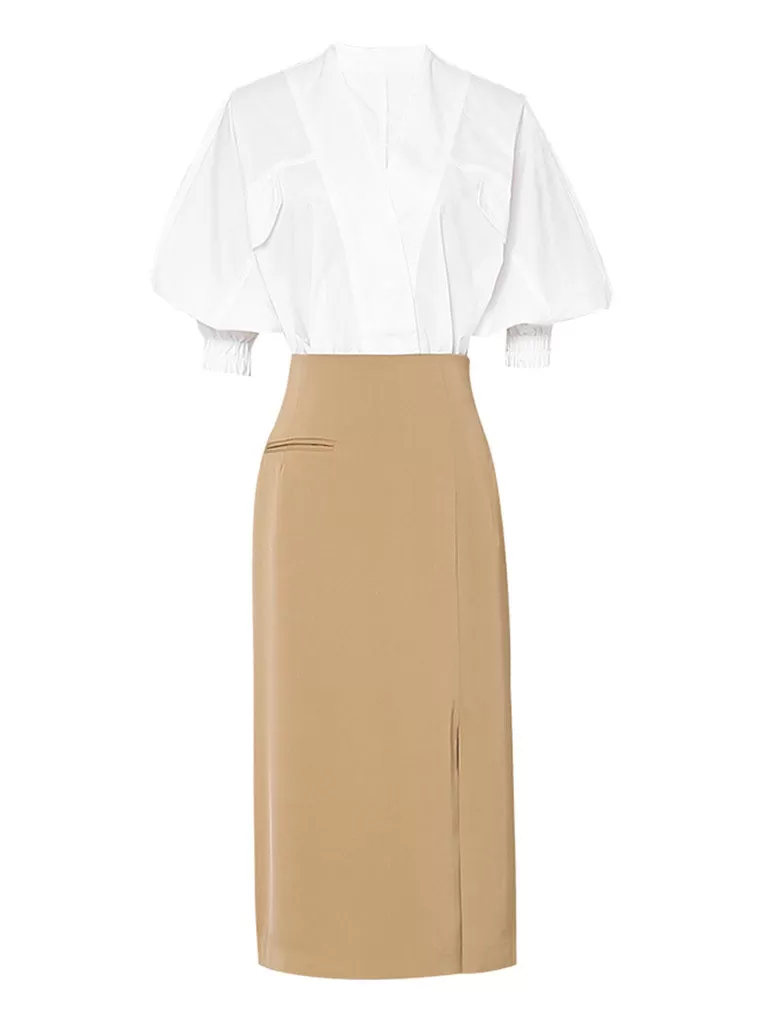 2PS V Neck White Shirt And Khaki Split Sexy Bodycon Skirt Suit