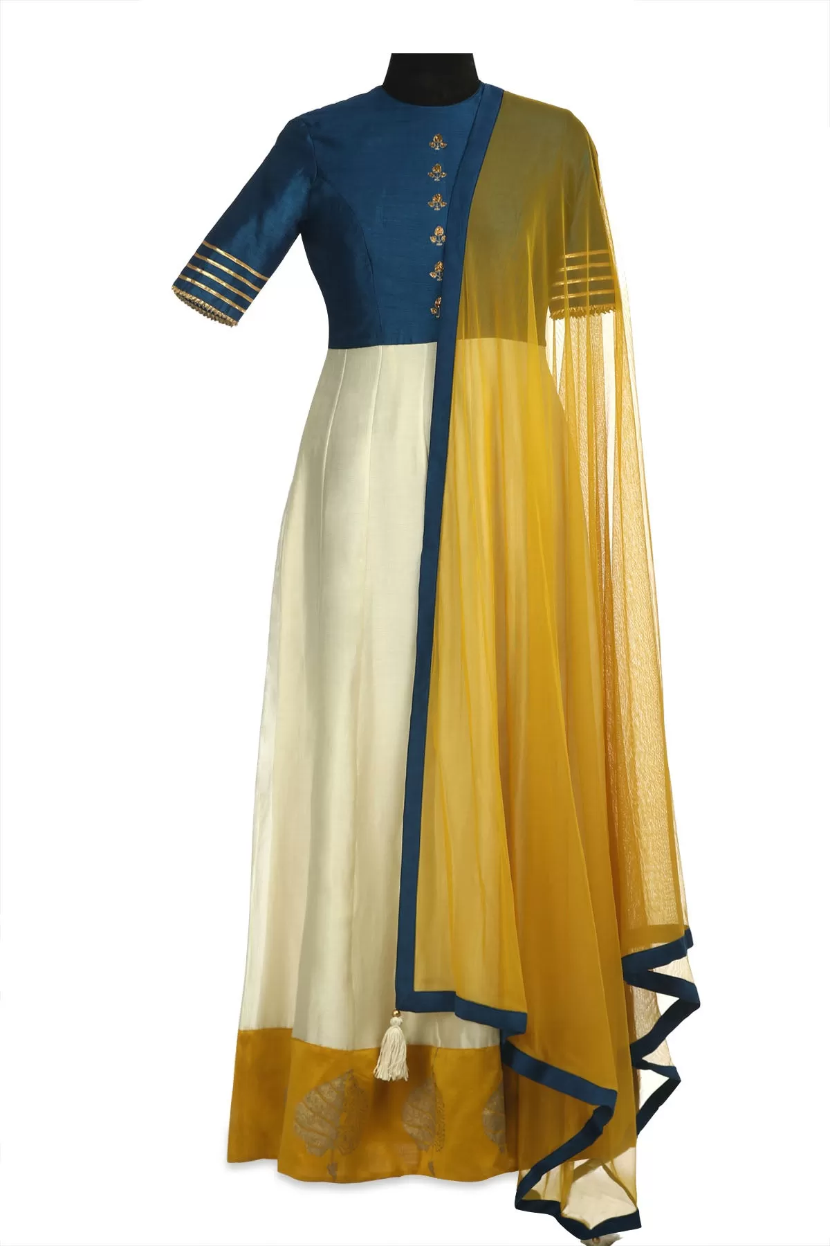 50Z185-RO Ivory and Blue Embroidered Chanderi Anarkali with Yellow Dupatta