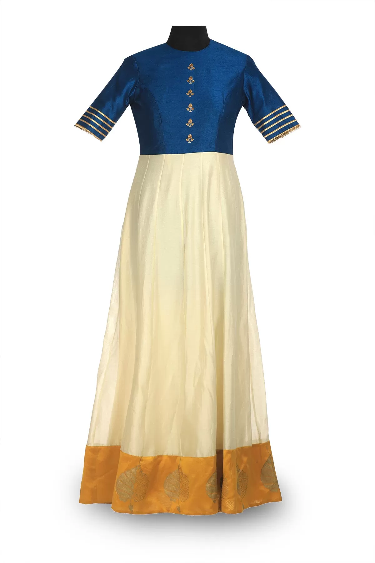 50Z185-RO Ivory and Blue Embroidered Chanderi Anarkali with Yellow Dupatta