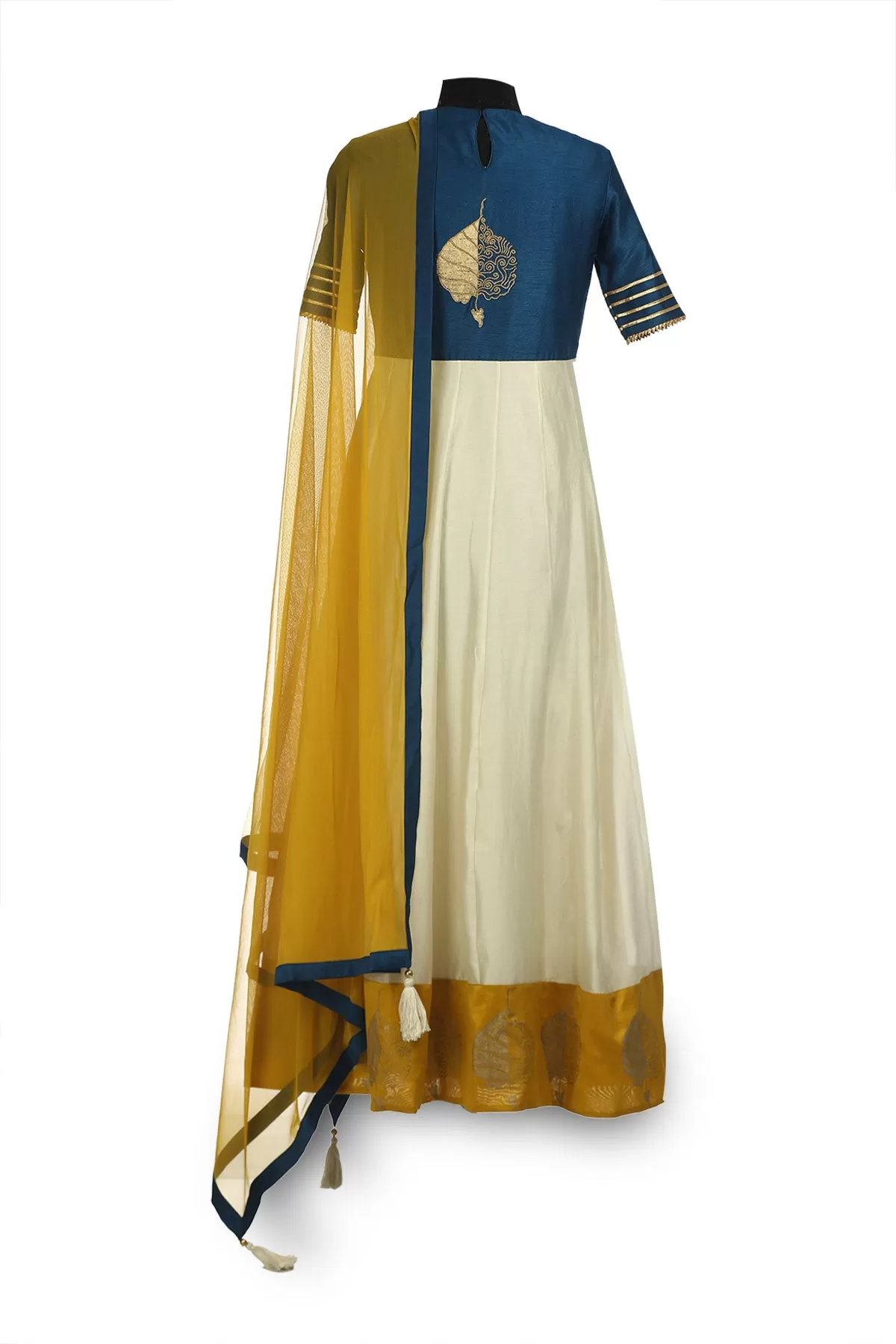 50Z185-RO Ivory and Blue Embroidered Chanderi Anarkali with Yellow Dupatta