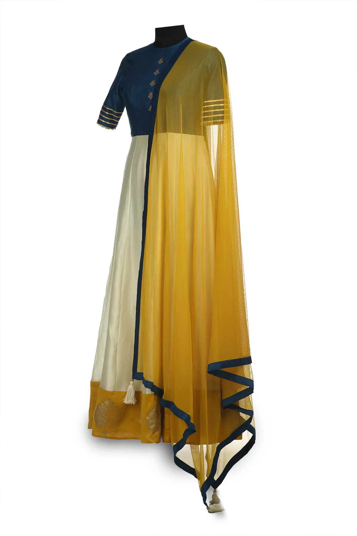 50Z185-RO Ivory and Blue Embroidered Chanderi Anarkali with Yellow Dupatta