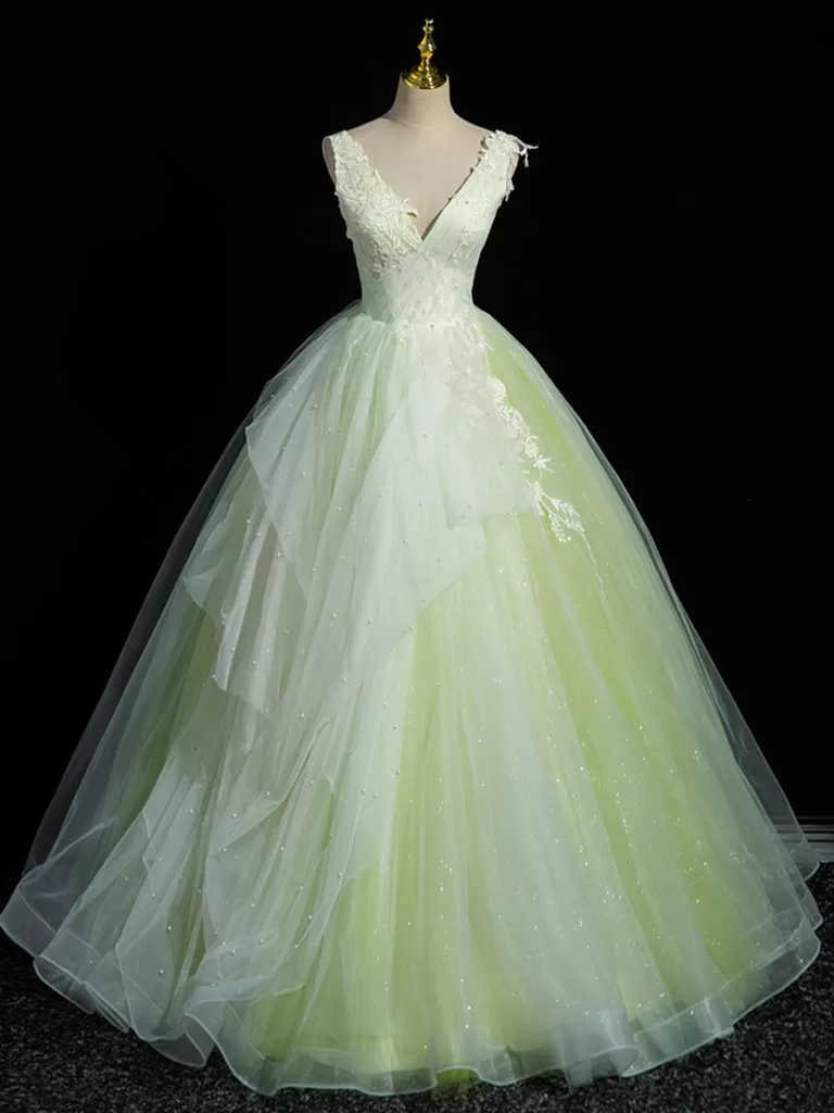 A-Line V Neck Tulle Lace Long Prom Dress, Green Long Formal Dress