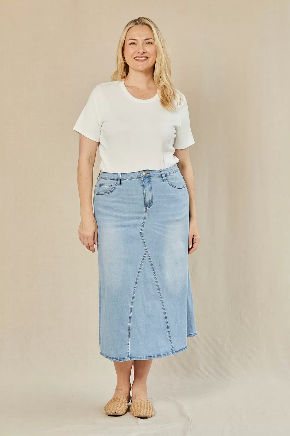 Adrift Denim Midi Skirt in Light Wash