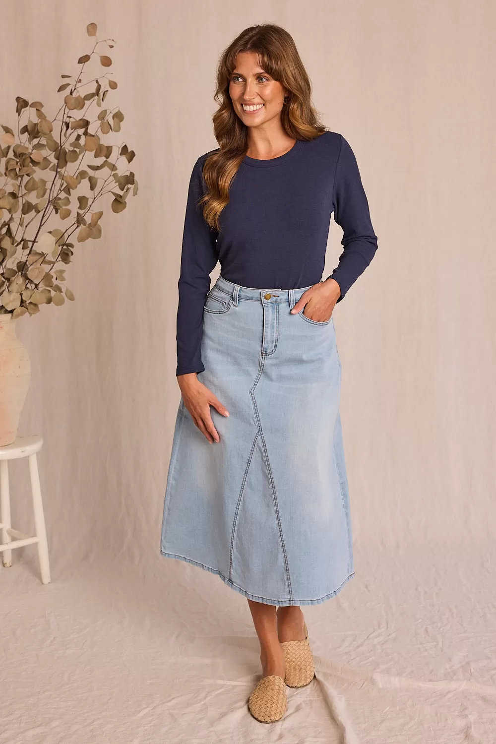 Adrift Denim Midi Skirt in Light Wash