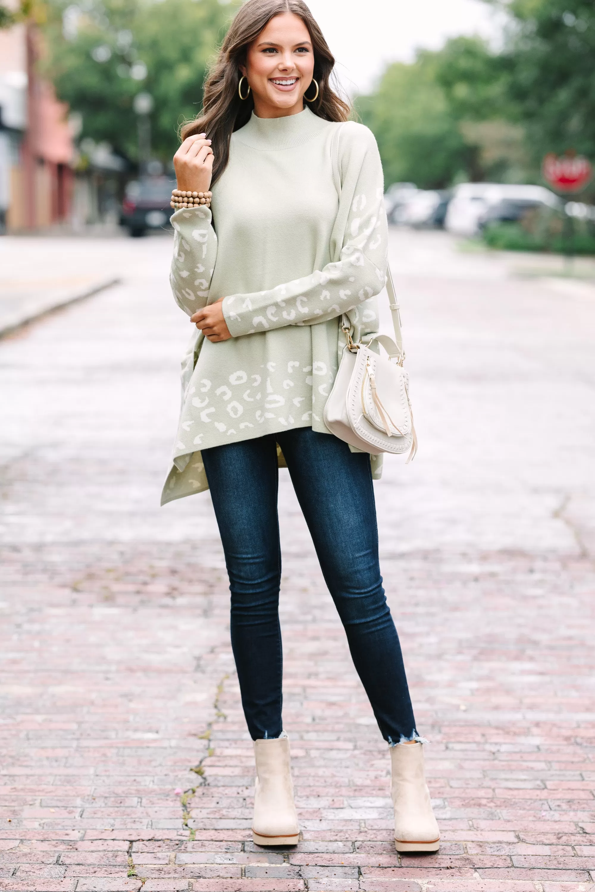 All In Theory Light Olive Green Leopard Sweater Tunic