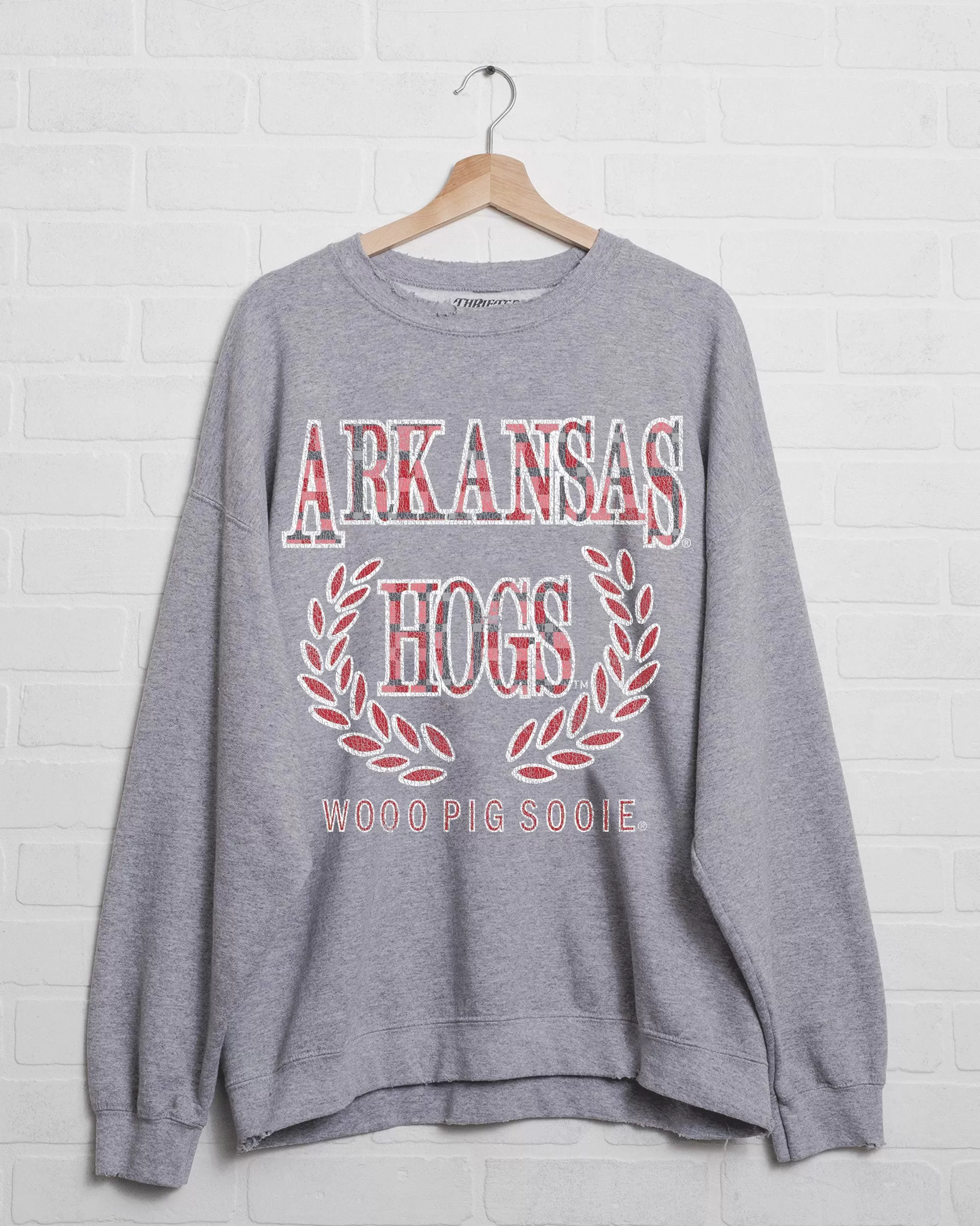 Arkansas Razorbacks Plaid Crest Gray Thrifted Sweatshirt