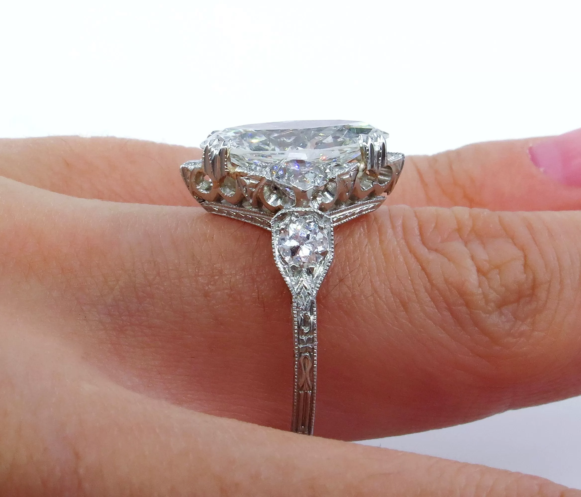 Art Deco GIA 3.78ct Old Marquise Cut Diamond Engagement Platinum Ring