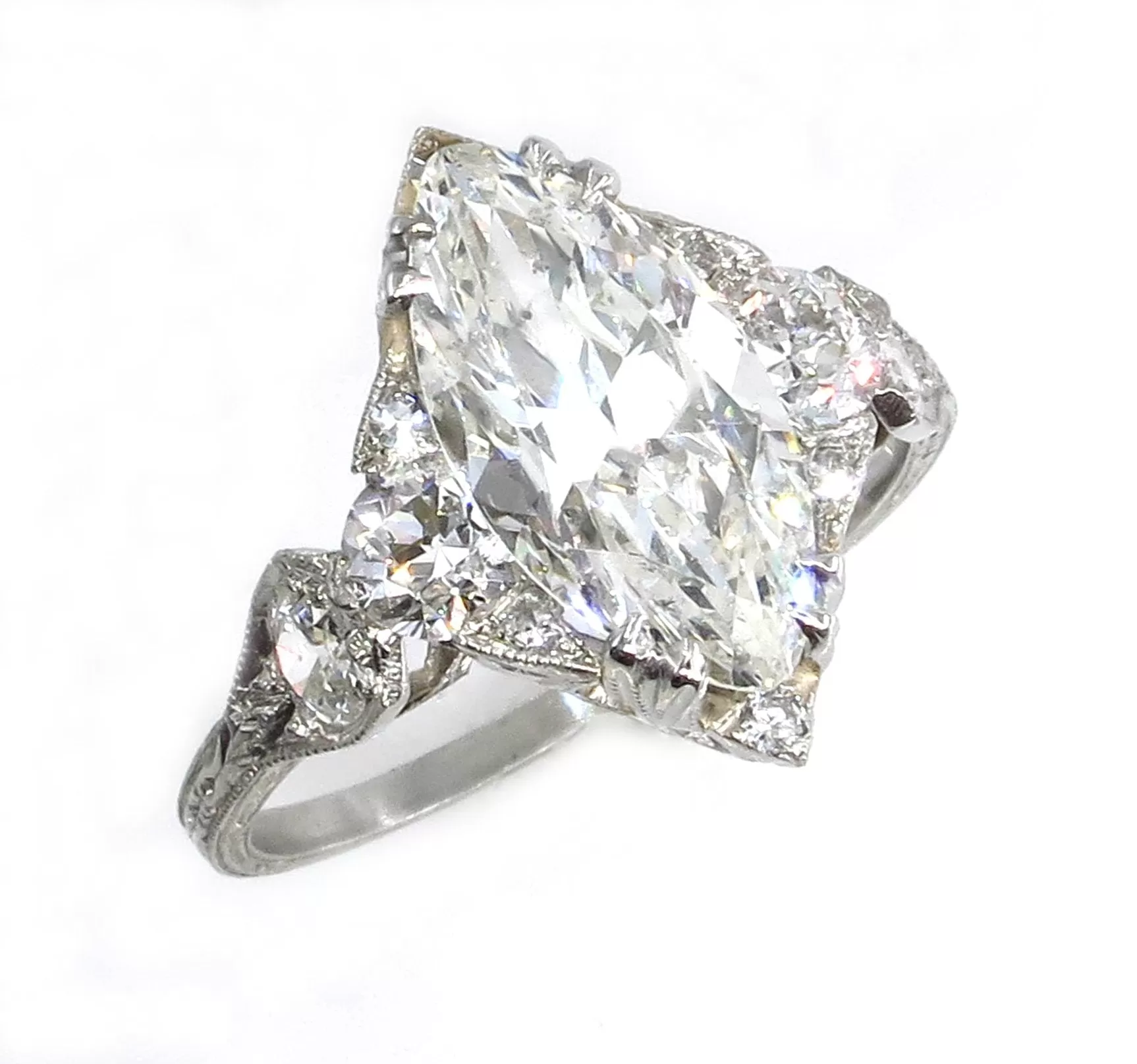 Art Deco GIA 3.78ct Old Marquise Cut Diamond Engagement Platinum Ring