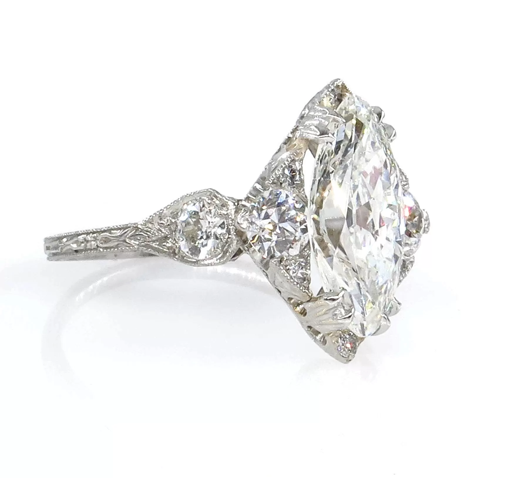 Art Deco GIA 3.78ct Old Marquise Cut Diamond Engagement Platinum Ring