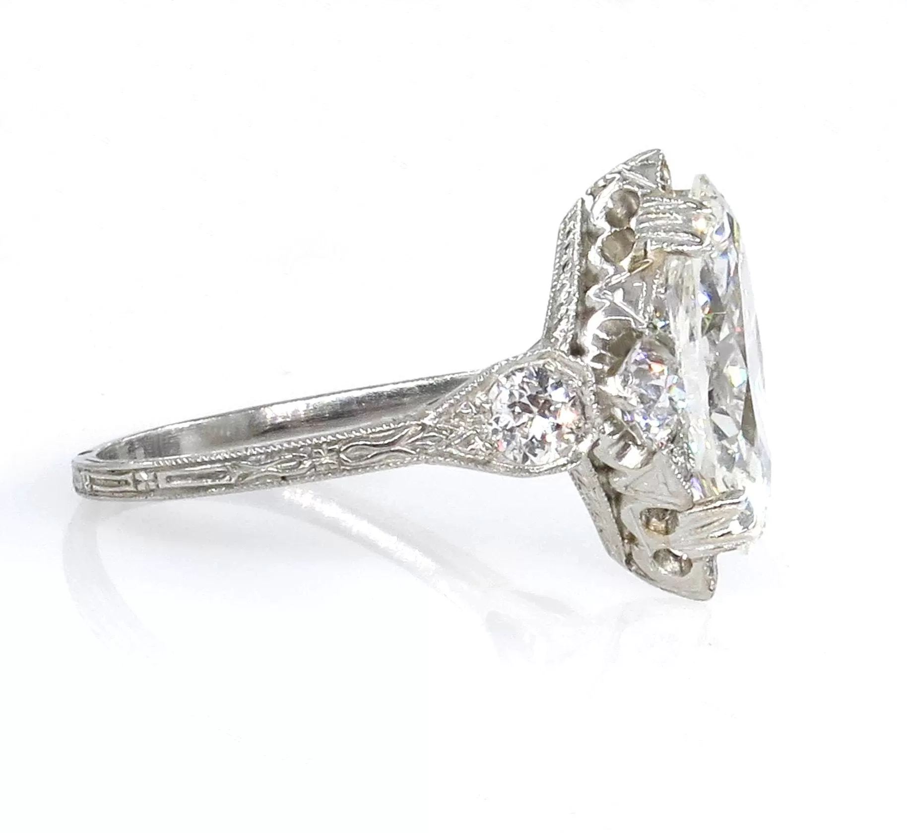 Art Deco GIA 3.78ct Old Marquise Cut Diamond Engagement Platinum Ring