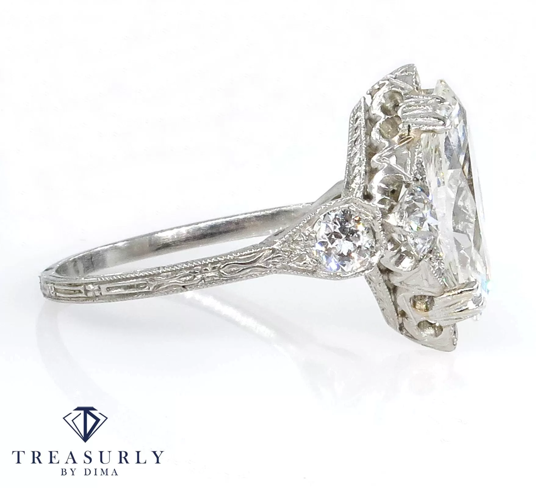 Art Deco GIA 3.78ct Old Marquise Cut Diamond Engagement Platinum Ring