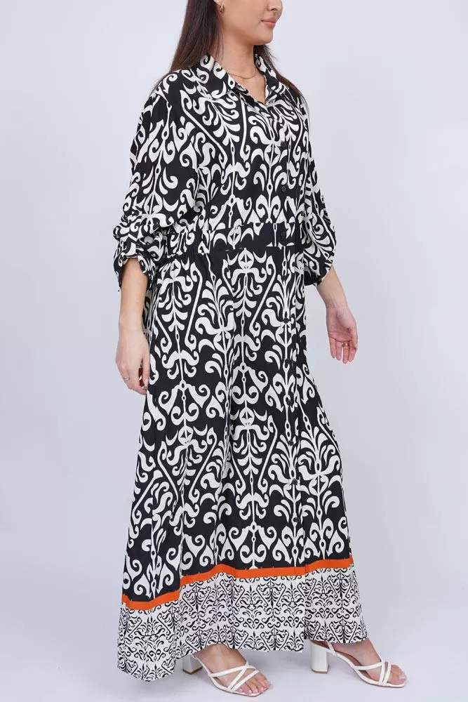 Baroque Print Button Up Collar Dress