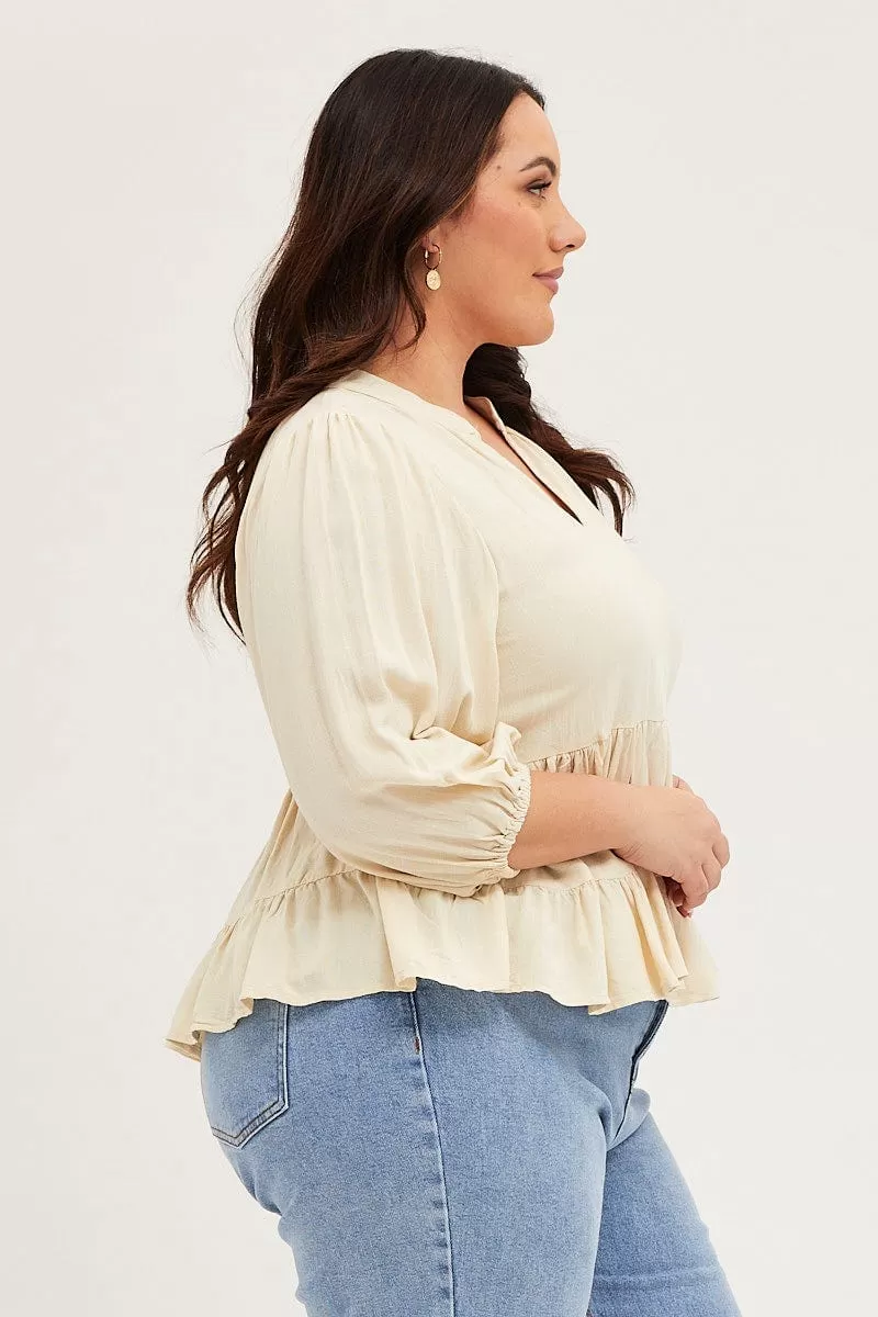 Beige Smock Top V-Neck Tiered Long Sleeve