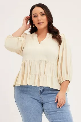 Beige Smock Top V-Neck Tiered Long Sleeve