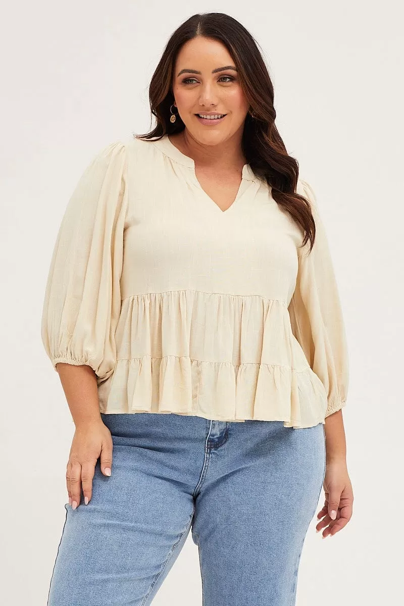 Beige Smock Top V-Neck Tiered Long Sleeve