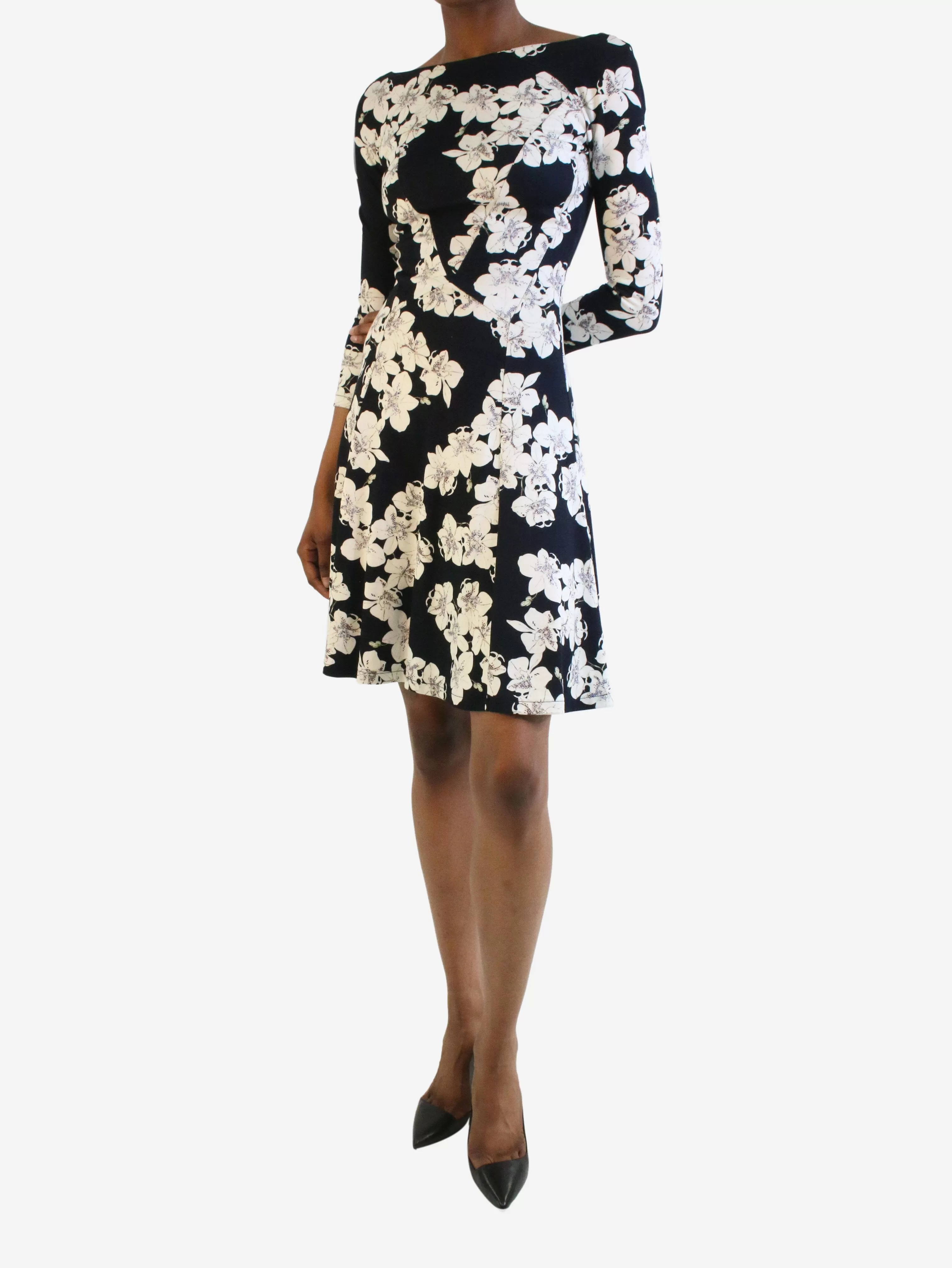 Blue long-sleeved  floral printed dress - size UK 6