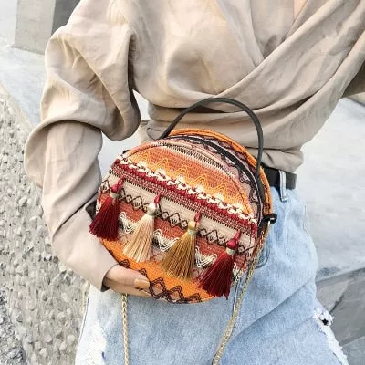 Boho Canteen Purse With Tassels Blue Or Gold You Choose Ethnic Print Round Over The Shoulder Crossbody Bag With Gold Chain Strap Bohemian Messenger Handbag