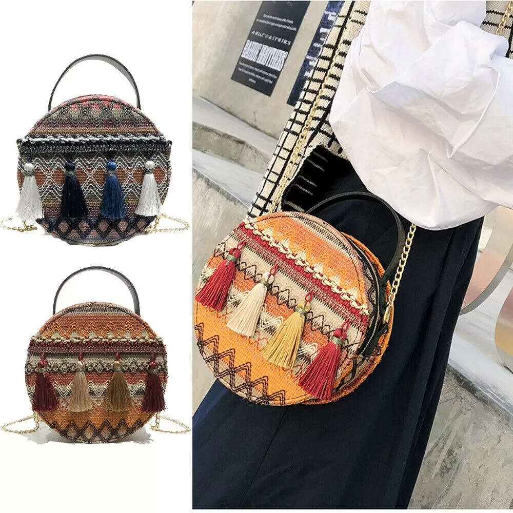 Boho Canteen Purse With Tassels Blue Or Gold You Choose Ethnic Print Round Over The Shoulder Crossbody Bag With Gold Chain Strap Bohemian Messenger Handbag