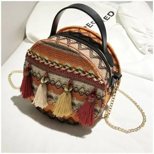 Boho Canteen Purse With Tassels Blue Or Gold You Choose Ethnic Print Round Over The Shoulder Crossbody Bag With Gold Chain Strap Bohemian Messenger Handbag