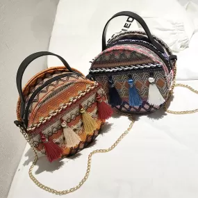 Boho Canteen Purse With Tassels Blue Or Gold You Choose Ethnic Print Round Over The Shoulder Crossbody Bag With Gold Chain Strap Bohemian Messenger Handbag