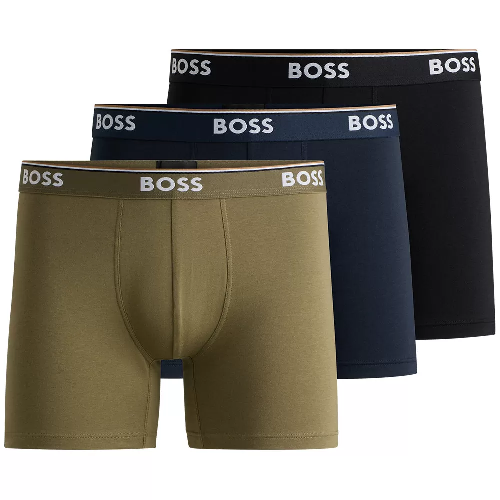 BOSS Black/Navy/Khaki Logo waistband 3 Pack Power Boxer Trunks UK S