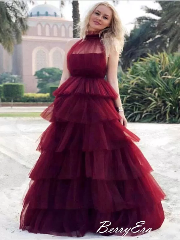 Burgundy Fluffy Halter Cake Dresses Prom Dresses, Cute Prom Dresses