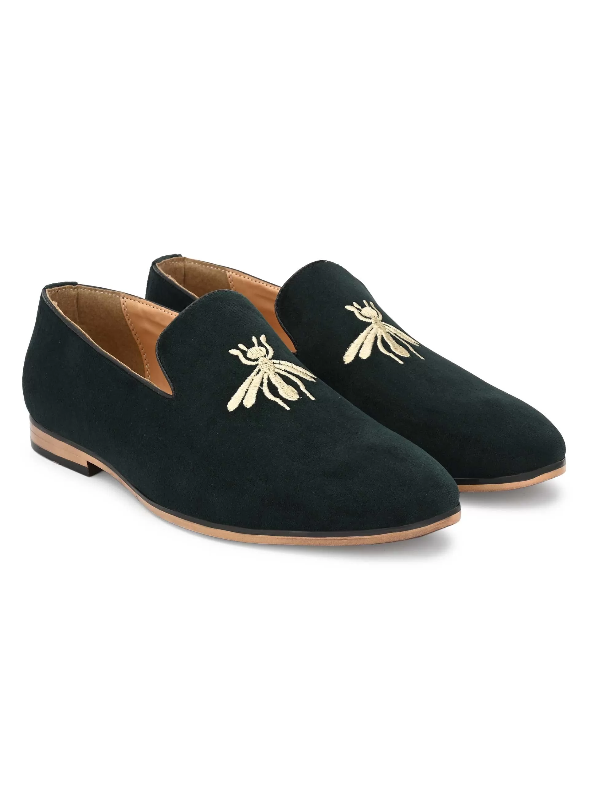 Dark Green Embroidered Loafers