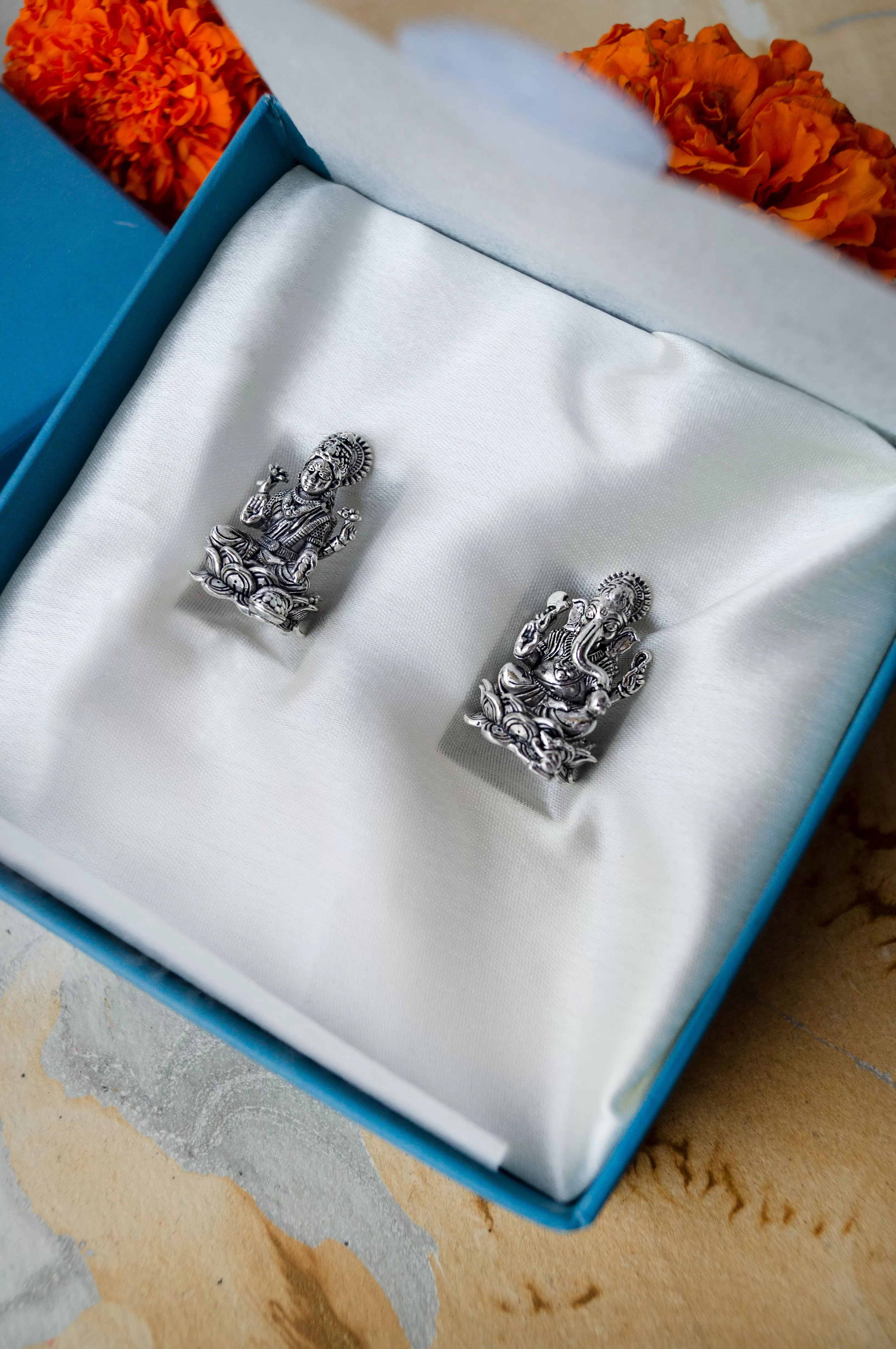 Divine Lakshmi & Ganesh Combo Antique Finish 925 Sterling Silver Idol