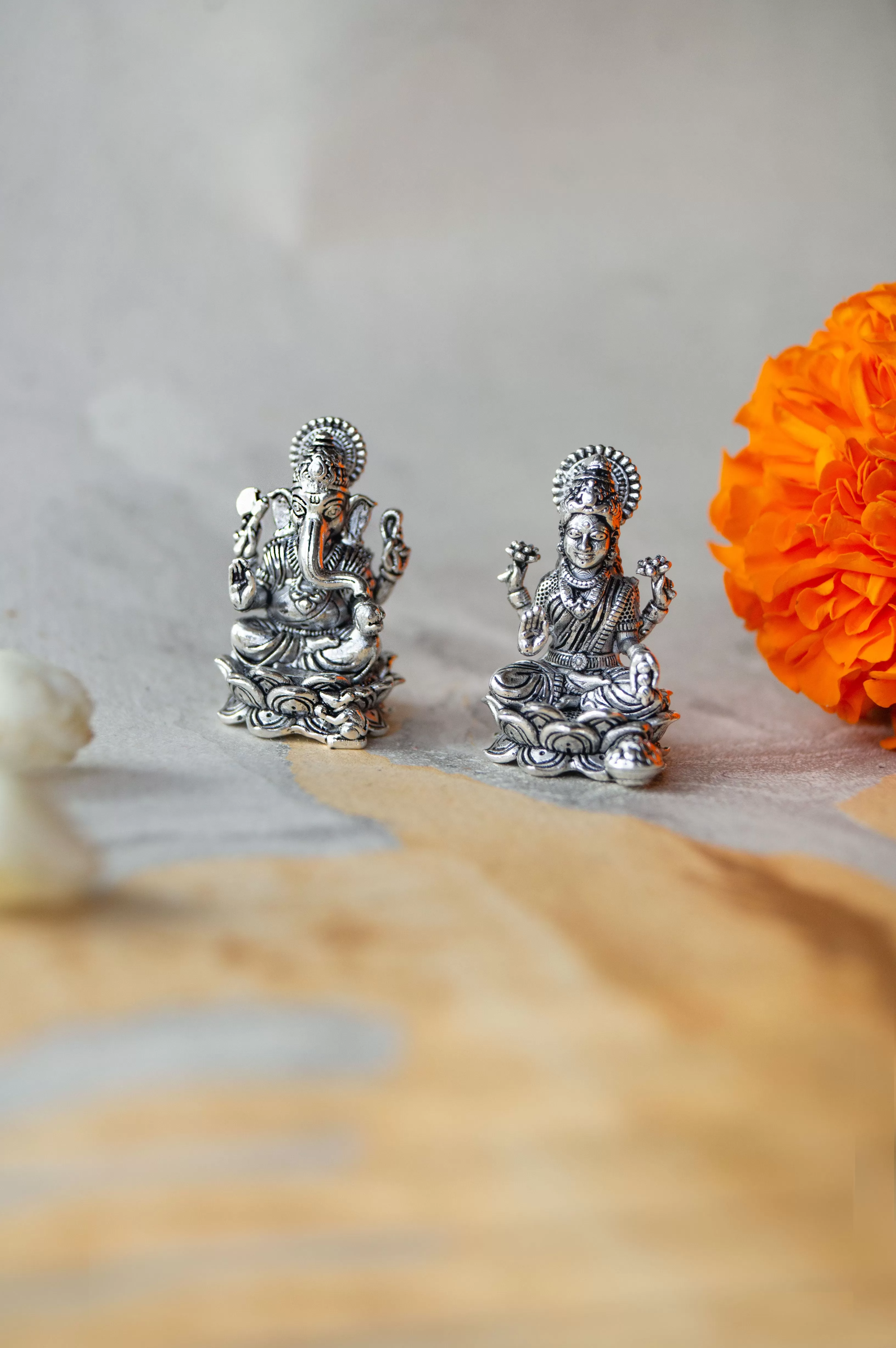 Divine Lakshmi & Ganesh Combo Antique Finish 925 Sterling Silver Idol