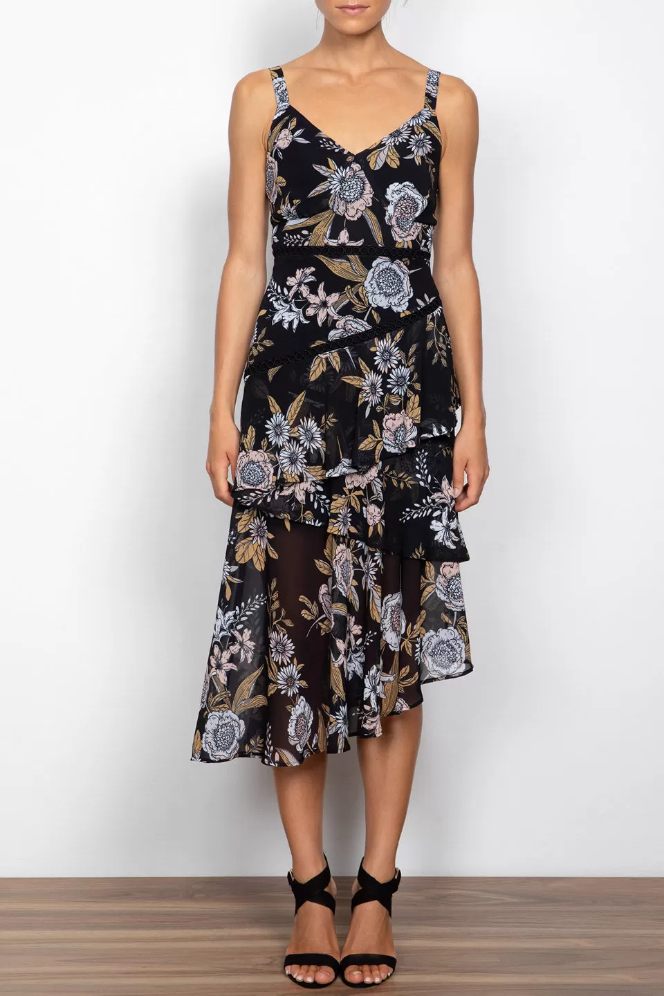 Flora Black Floral Strappy Midi Dress