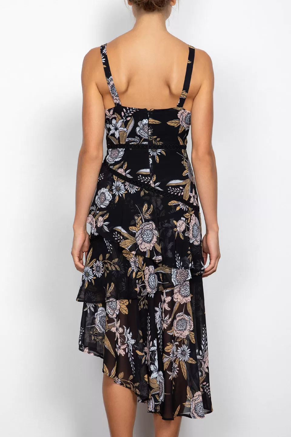 Flora Black Floral Strappy Midi Dress