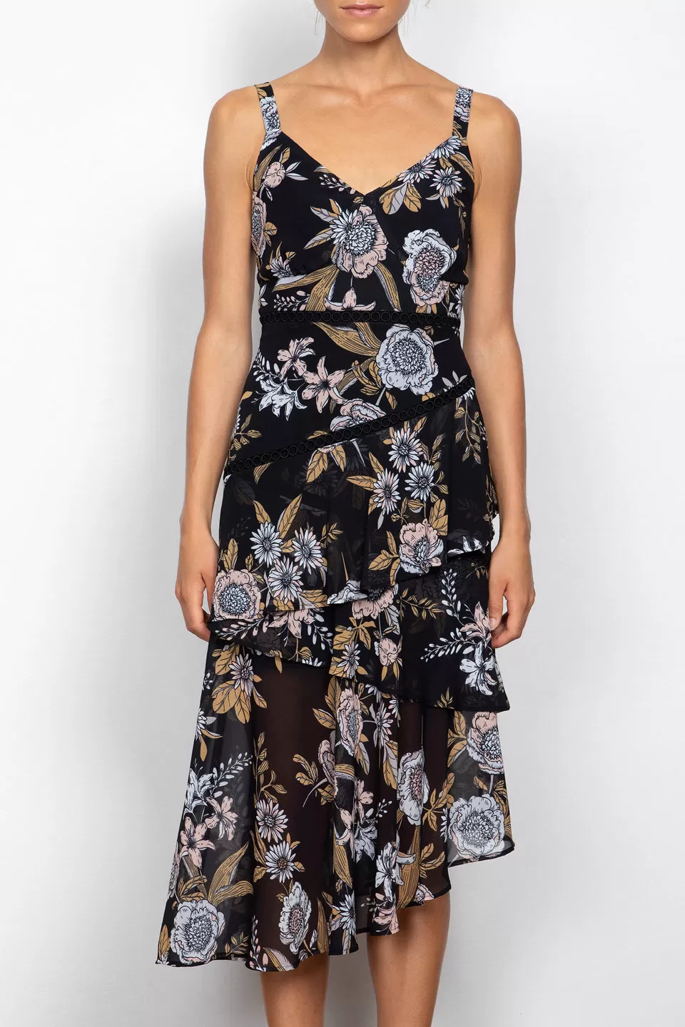 Flora Black Floral Strappy Midi Dress