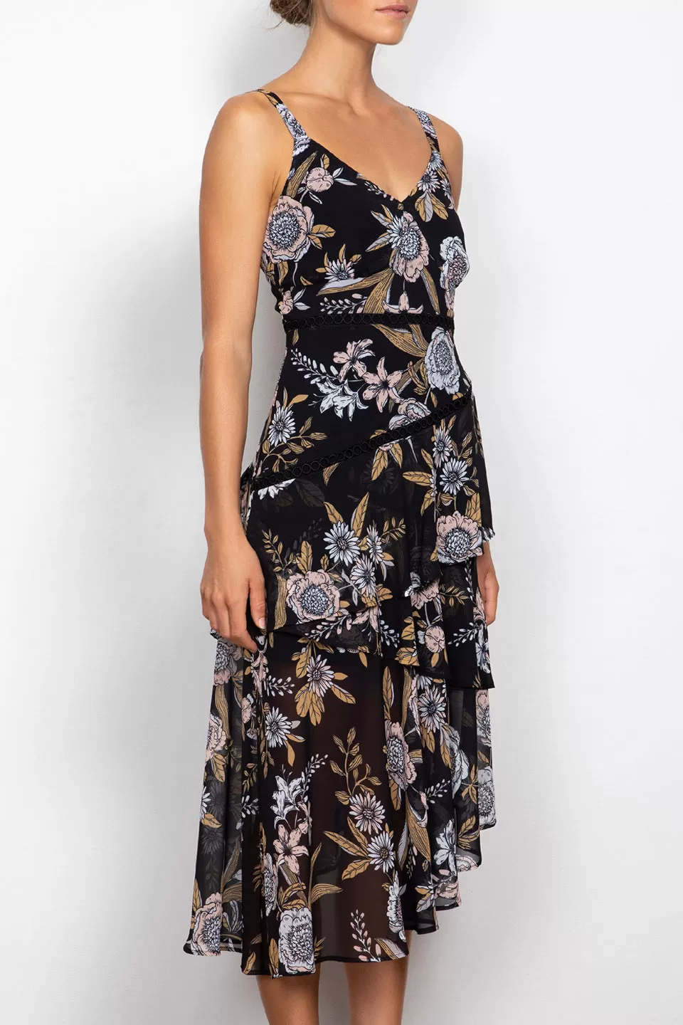 Flora Black Floral Strappy Midi Dress