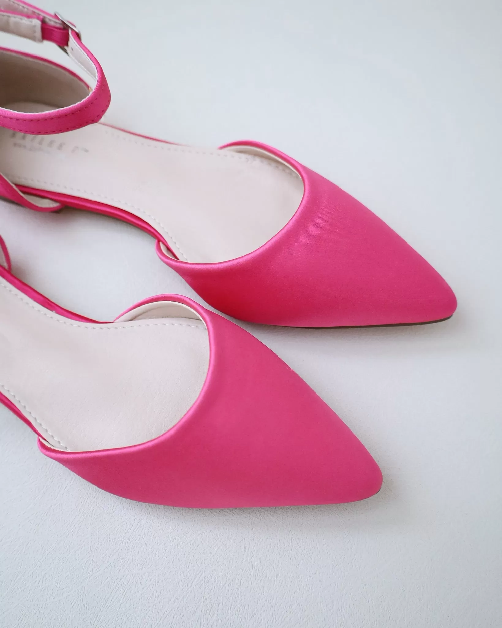 Fuchsia Satin Pointy Toe Flats with Ankle Strap