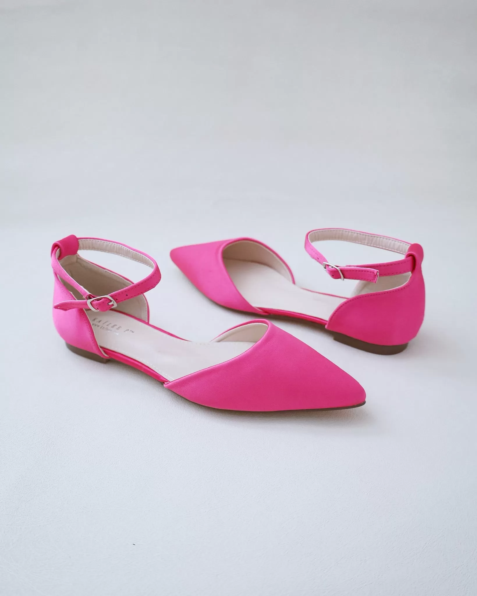 Fuchsia Satin Pointy Toe Flats with Ankle Strap