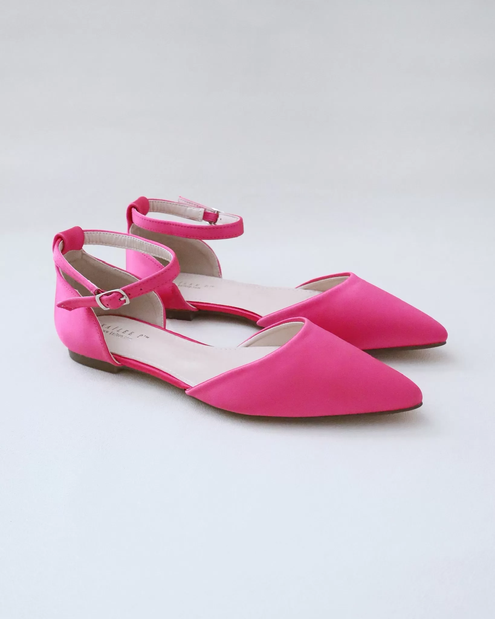 Fuchsia Satin Pointy Toe Flats with Ankle Strap