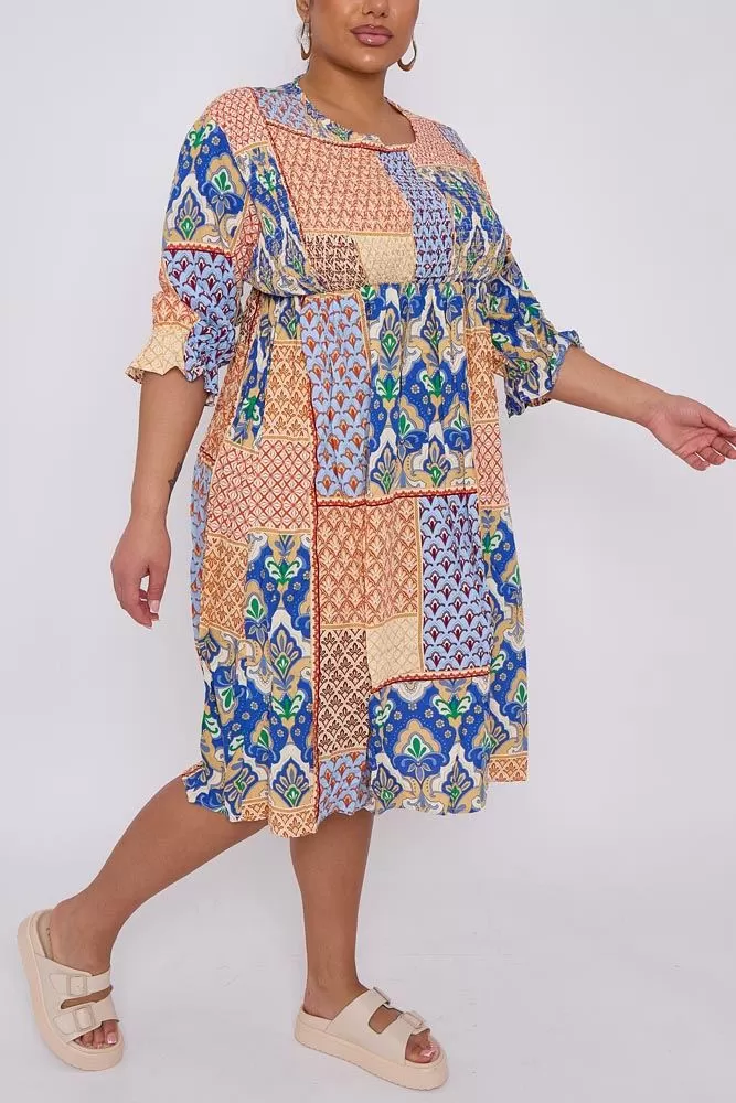 Geometric Print Shirred Dress