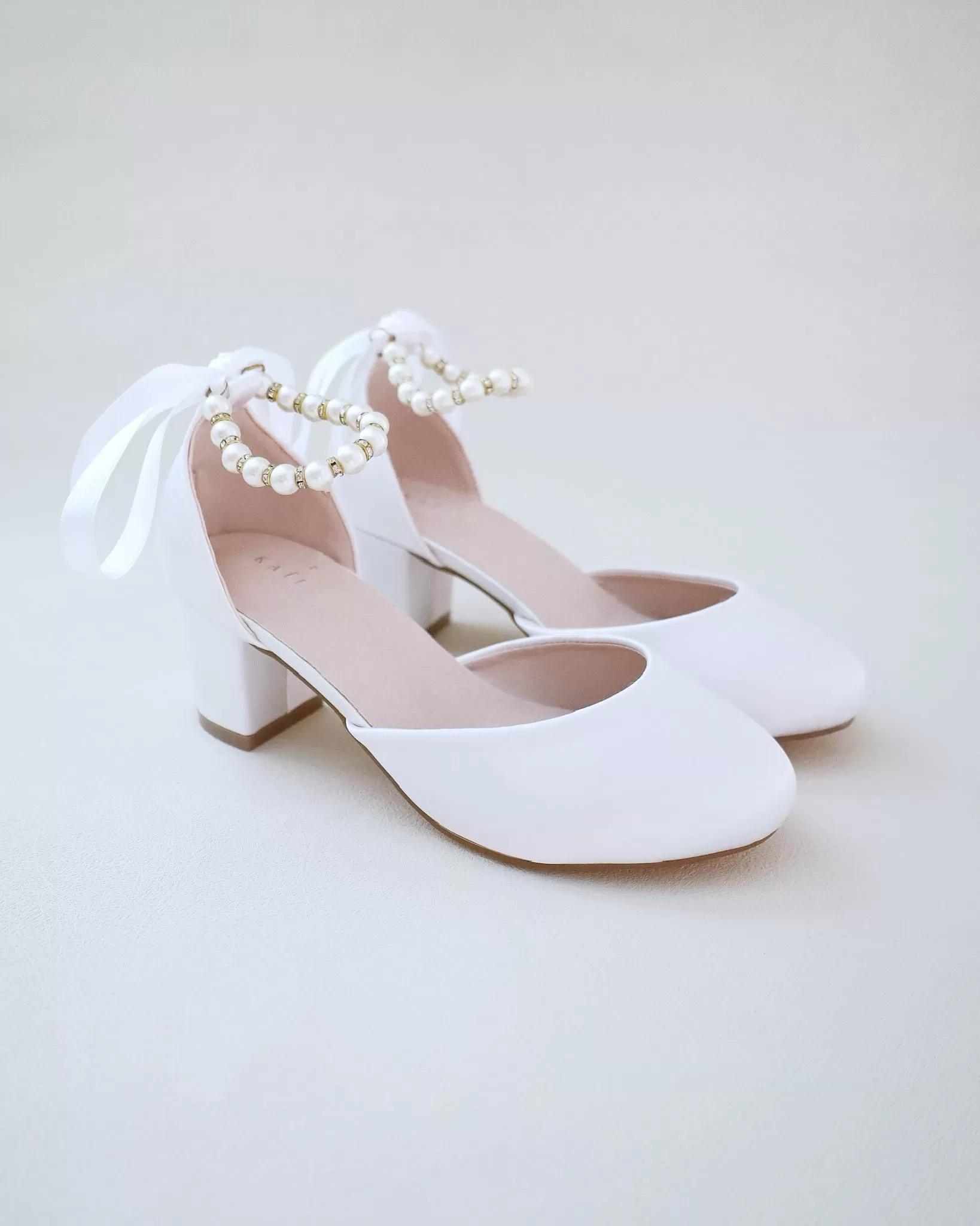 Girls Satin Block Heel with Pearls Ankle Strap