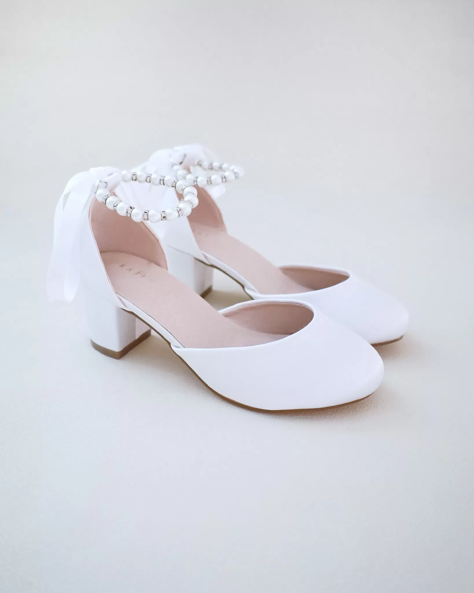 Girls Satin Block Heel with Pearls Ankle Strap