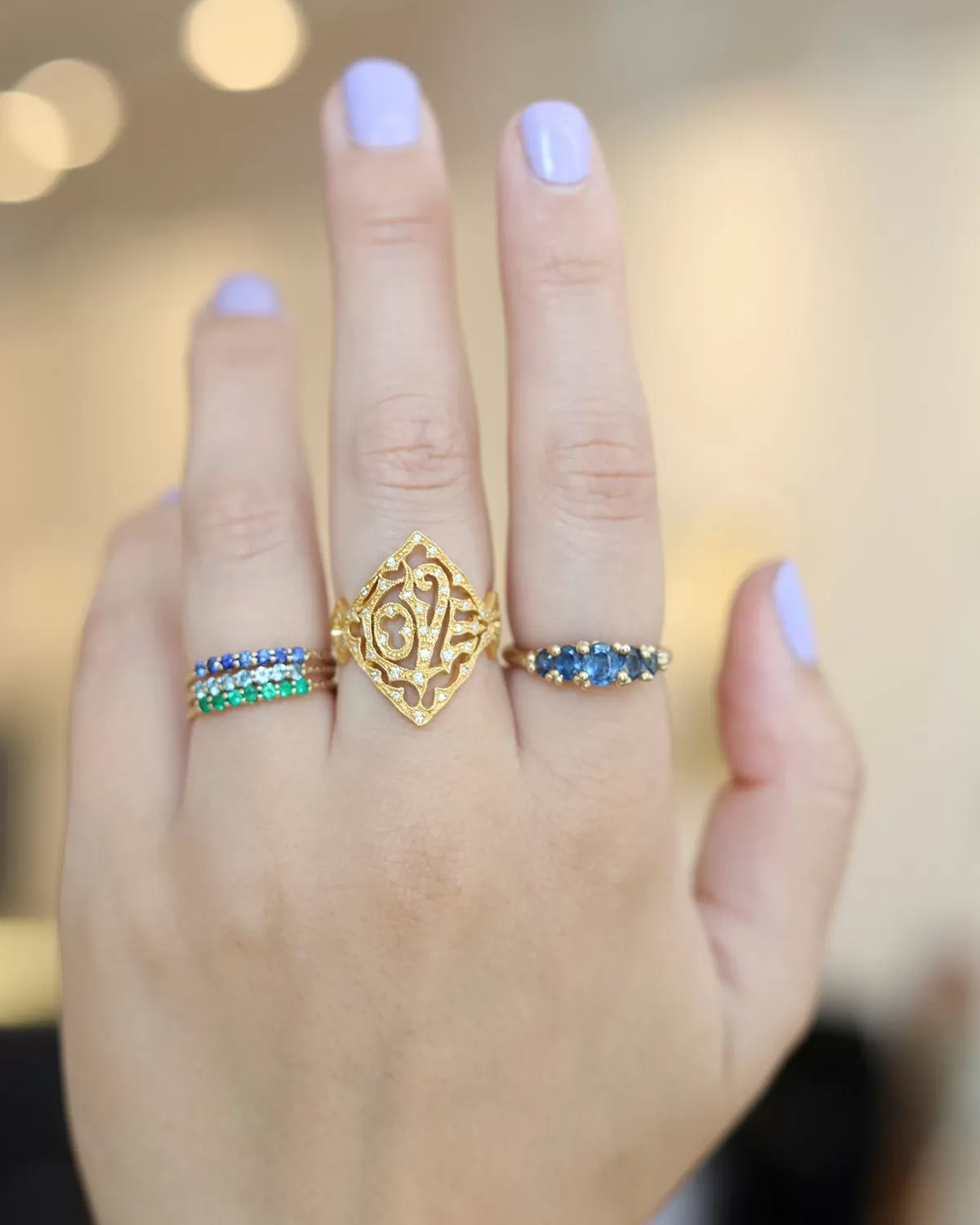 Gold Antique Waif Ring with Aquamarines