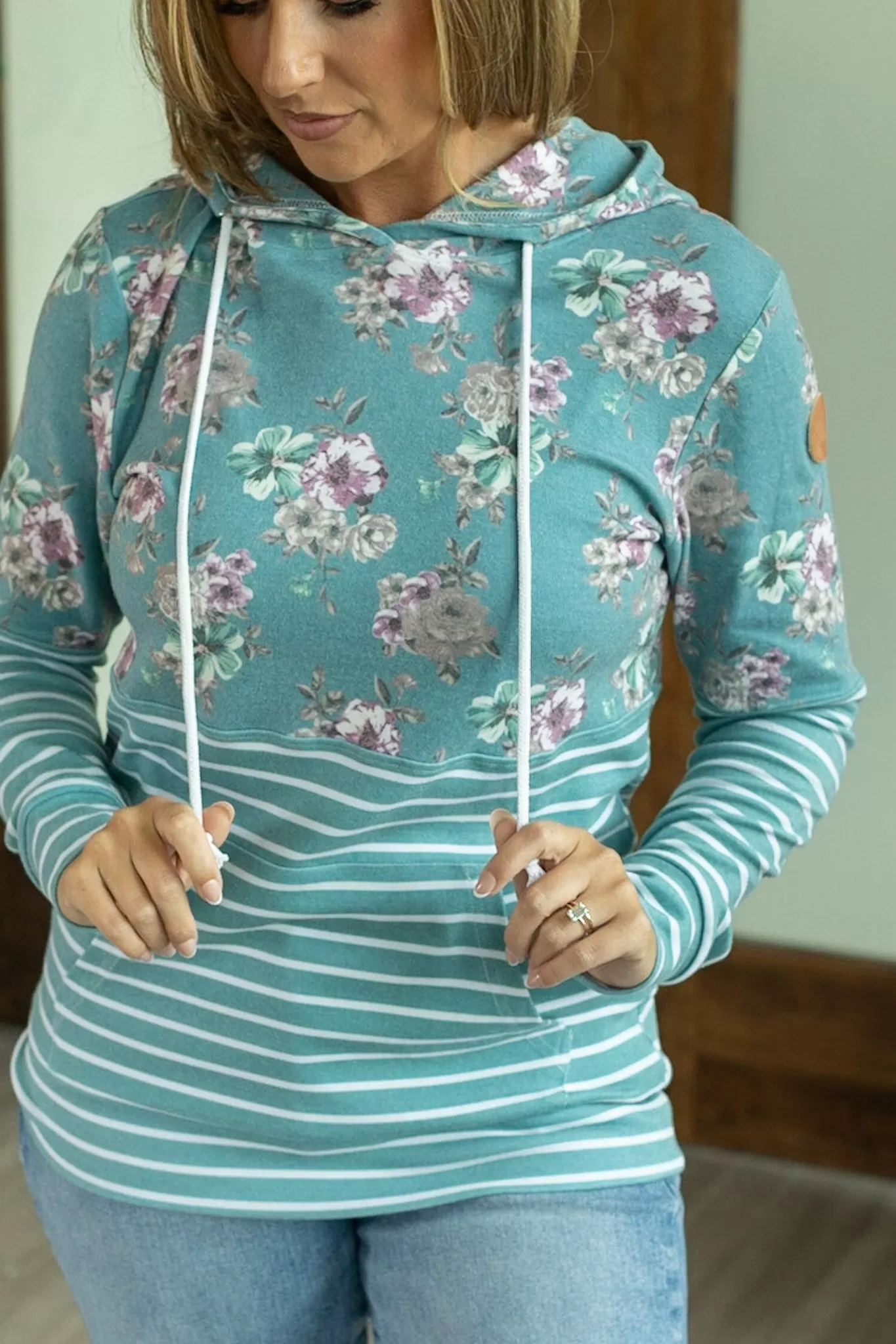 IN STOCK Hailey Pullover Hoodie - Teal Floral Pattern Mix